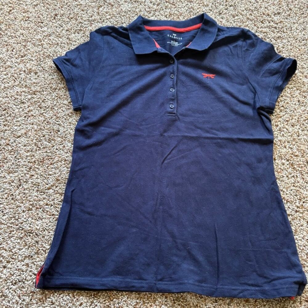 Talbots Women Dk Blue Cotton Polo Shirt Dragonfly Emblem Size L Preppy